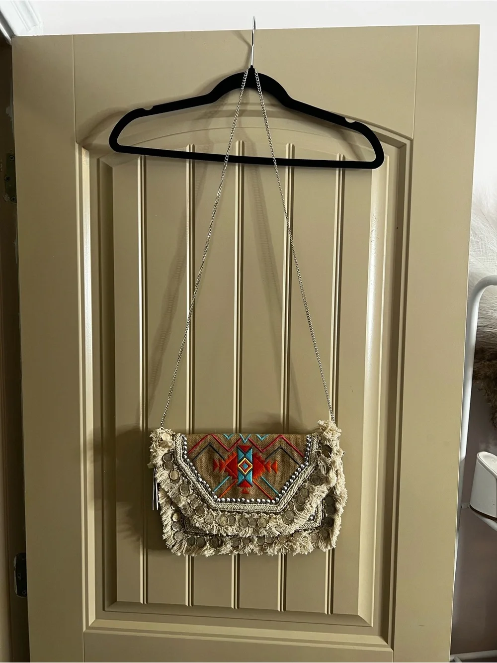 Boho Fringe Embroidered Crossbody Bag in Beige and Turquoise